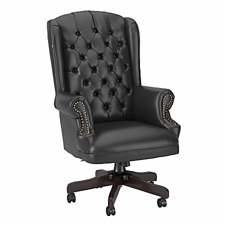 Bush Business Furniture Yorkshire Wingback Ergonomic Bonded Leather Executive Office Chair With Nail Head Trim, Black, Standard Delivery