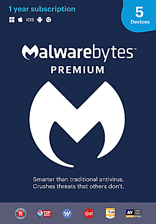 Malwarebytes Premium, For 5 Devices, 1-Year Subscription, For PC/Mac®/Android, Product Key