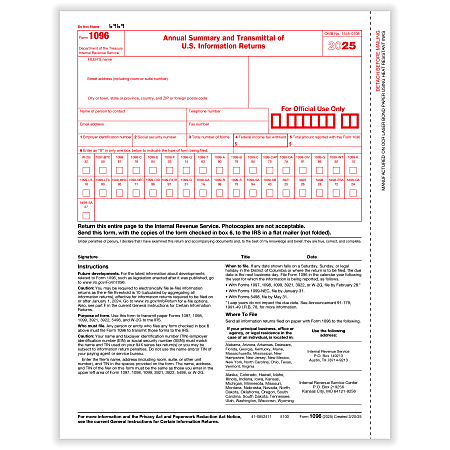 ComplyRight® 1096 Transmittal Tax Forms, 1-Part, 8-1/2" x 11", Pack Of 25 Forms