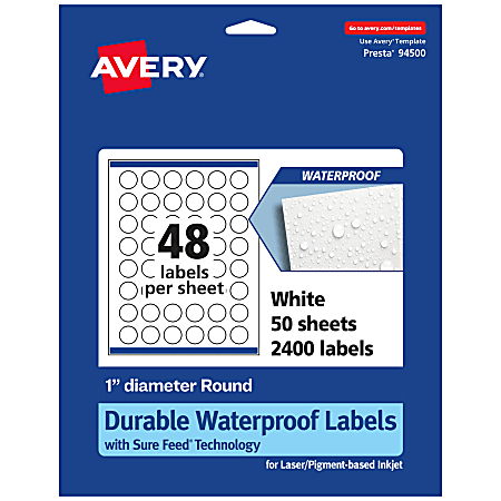 Avery® Waterproof Permanent Labels With Sure Feed®, 94500-WMF50, Round, 1" Diameter, White, Pack Of 2,400