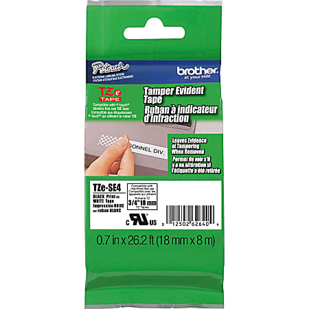Brother P-touch TZeSE4, Tamper-Evident, Laminated, ~3/4in (18mm) x 26.2ft (8m), Black on White Label Tape
