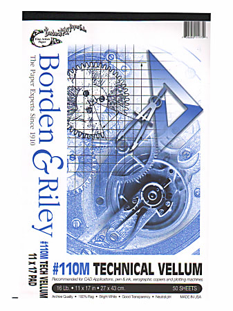 Borden & Riley #110M Technical Vellum, 11" x 17", Bright White, Pad Of 50 Sheets