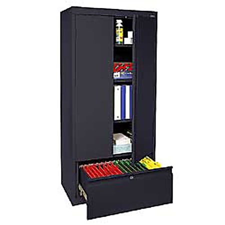 Sandusky® Full-Height Steel Storage Cabinet With Drawer, 64"H x 30"W x 18"D, Black
