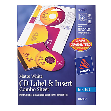 Avery® Inkjet CD/DVD Label And Insert Combo Sheets, 8696, Matte White, Pack Of 20 Sets