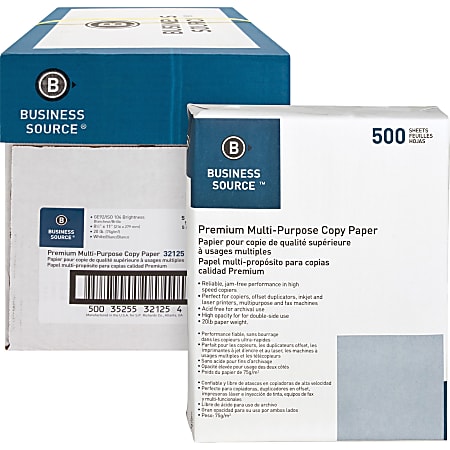 Business Source Premium Multi-Use Printer & Copy Paper, Letter (8.5" x 11"), 2500 Sheets Per Case, 20 Lb, 92 Brightness, Case Of 5 Reams