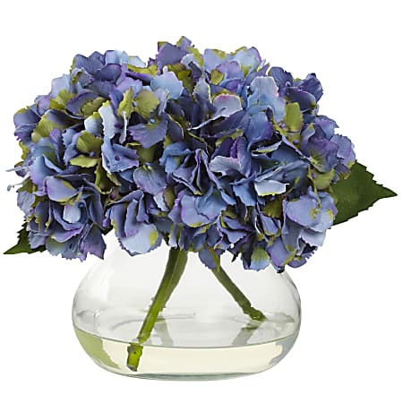 Nearly Natural Blooming Hydrangea 8-1/2”H Plastic Floral Arrangement With Vase, 8-1/2”H x 10”W x 9”D, Blue