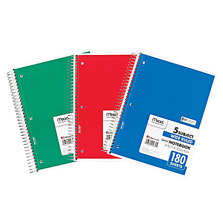 Mead® Spiral Notebooks, 8" x 10-1/2", 5 Subject, Wide Ruled, 180 Sheets, Assorted Colors, Pack Of 3 Notebooks