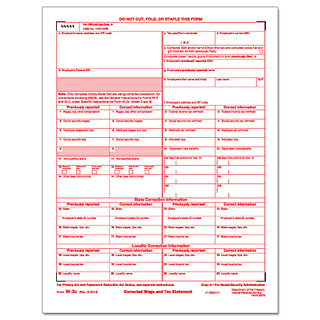 ComplyRight™ W-2C Inkjet/Laser Tax Forms, Federal Copy A, 8 1/2" x 11", Pack Of 50 Forms