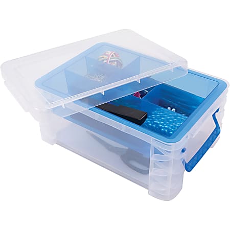 Advantus Super Stacker Divided Supply Box - External Dimensions: 14.3" Length x 10.3" Width x 6.5" Height - Lid Lock Closure - Stackable - Plastic - Clear, Blue - For Pen/Pencil, Paper Clip, Rubber Band - 1 Each