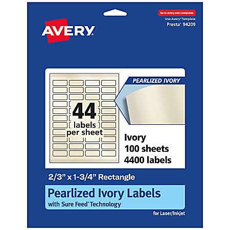 Avery® Pearlized Permanent Labels With Sure Feed®, 94209-PIP100, Rectangle, 2/3" x 1-3/4", Ivory, Pack Of 4,400 Labels
