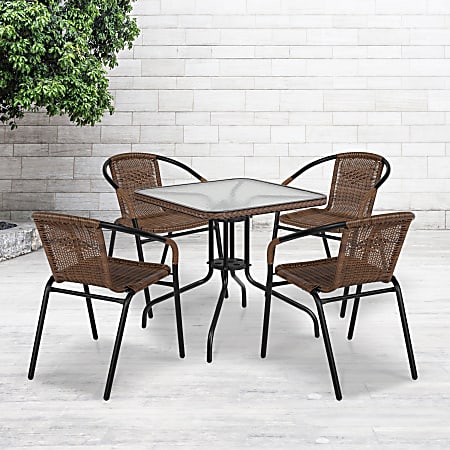 Flash Furniture Square Glass and Metal Table with 4 Rattan Stack Chairs, 28"H x 28"W x 28"D, Clear/Dark Brown