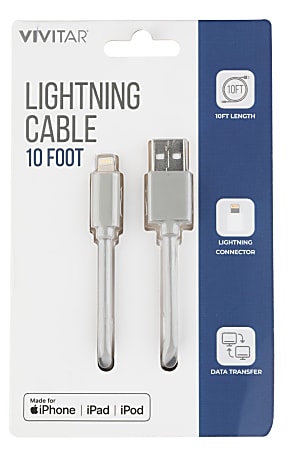 Vivitar Lightning To USB-A Cable, 10', Gray, NIL1010-GRY-STK-24