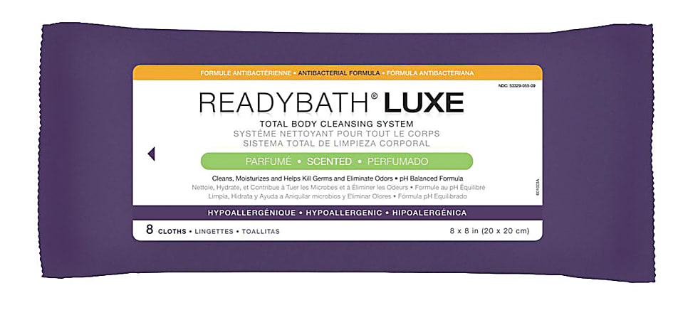 ReadyBath LUXE Total Body Cleansing Heavyweight Washcloths, Antibacterial, Scented, 8" x 8", White, 8 Washcloths Per Pack, Case Of 24 Packs