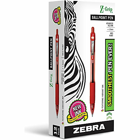 Zebra® Pen Z-Grip® Retractable Ballpoint Pens, Pack Of 12, Medium Point, 1.0 mm, Red Barrel, Red Ink