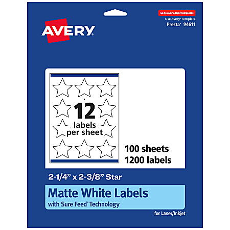 Avery® Permanent Labels With Sure Feed®, 94611-WMP100, Star, 2-1/4" x 2-3/8", White, Pack Of 1,200