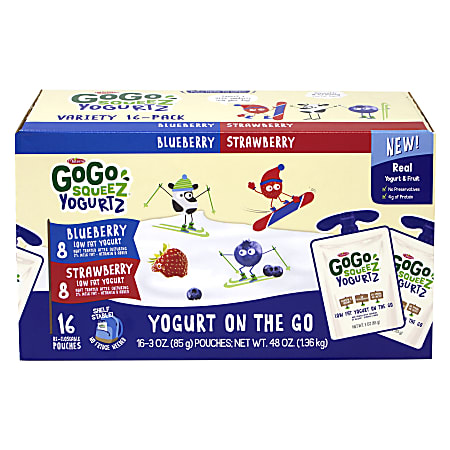 Materne Go-Go Squeez Yogurtz Blueberry And Strawberry Pouches, 3 Oz, Pack Of 16 Pouches