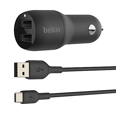 Belkin 24-Watt, Dual USB Car Charger With USB-A To USB-C Cable, Black