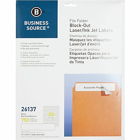 Business Source Block-out File Folder Labels - 3 7/16" Length - Permanent Adhesive - Laser, Inkjet - White - 30 / Sheet - 750 / Pack