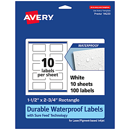 Avery® Waterproof Permanent Labels With Sure Feed®, 94230-WMF10, Rectangle, 1-1/2" x 2-3/4", White, Pack Of 100