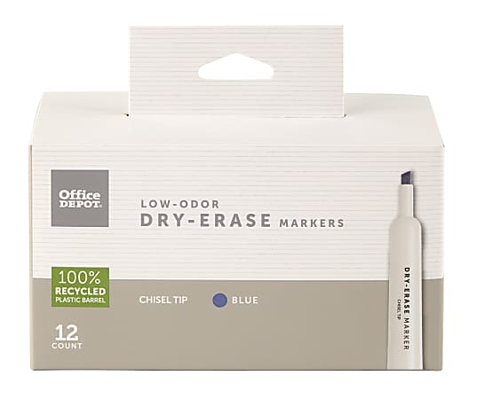 Office Depot® Brand Low-Odor Dry-Erase Markers, Chisel Point, 100% Recycled Plastic Barrel, Blue, Pack Of 12