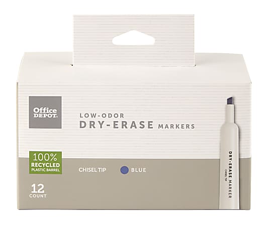 Office Depot® Brand 100% Recycled Low-Odor Dry-Erase Markers, Chisel Point, Blue, Pack Of 12