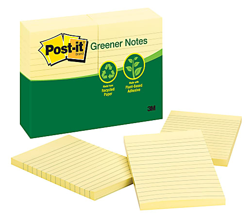 Post-it® Greener Notes, 4" x 6", Lined, Canary Yellow, Pack Of 12 Pads