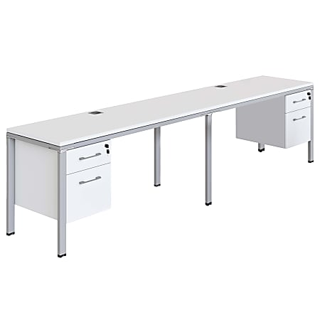 Boss Office Products Simple System Double Desk, Side By Side With 2 Pedestals, 29-1/2”H x 132”W x 30”D, White
