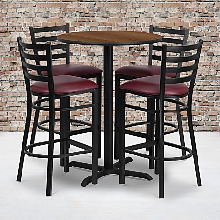 Flash Furniture Round Laminate Table Set With X-Base And 4 Ladder-Back Metal Bar Stools, 42"H x 30"W x 30"D, Walnut/Burgundy