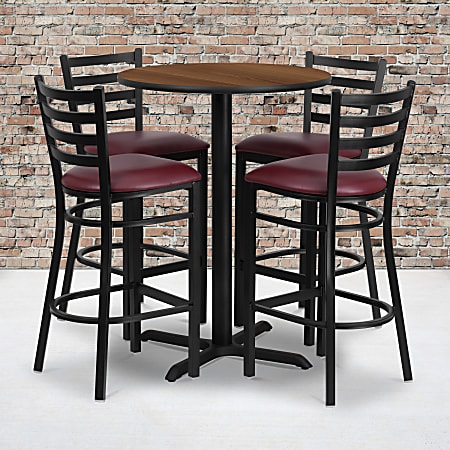 Flash Furniture Round Laminate Table Set With X-Base And 4 Ladder-Back Metal Bar Stools, 42"H x 30"W x 30"D, Walnut/Burgundy