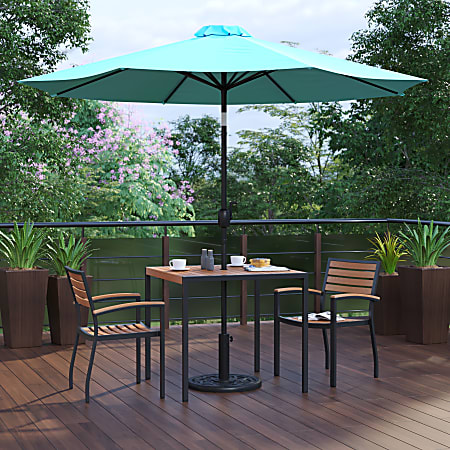 Flash Furniture Lark 5-Piece Outdoor Patio Table Set With 2 Stackable Chairs, Square Table & Umbrella With Base, Teal