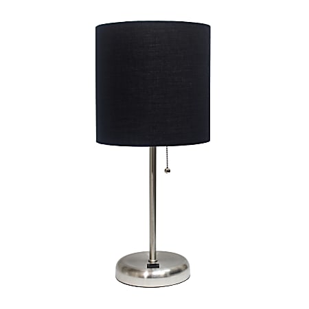 LimeLights Brushed Steel Stick Lamp with USB charging port and Black Fabric Shade