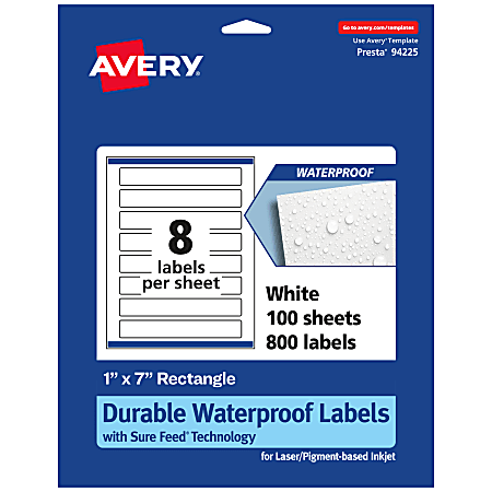 Avery® Waterproof Permanent Labels With Sure Feed®, 94225-WMF100, Rectangle, 1" x 7", White, Pack Of 800