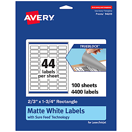 Avery® Print-To-The-Edge TrueBlock® Labels With Sure Feed®, 94209-TWMP100, Rectangle, 2/3" x 1-3/4", Matte White, Pack Of 4400