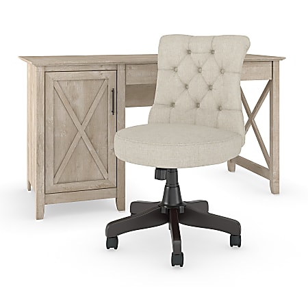 Bush Furniture Key West 54"W Computer Desk With Mid-Back Tufted Office Chair, Washed Gray, Standard Delivery