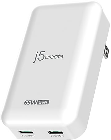 j5create 65W GaN Slim PD USB-C 2-Port Charger, White, JUP2465