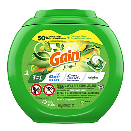 Gain Flings Laundry Detergent Soap Pacs, Original Scent, Container Of 42 Pacs