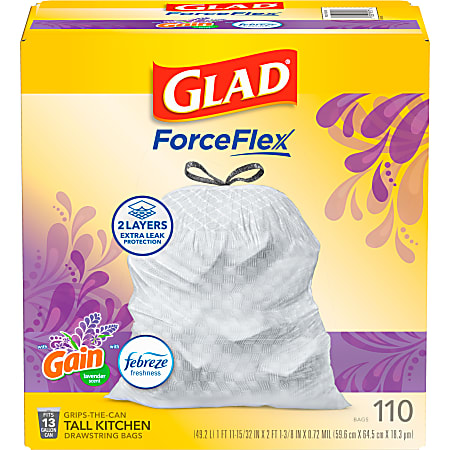 Glad ForceFlex Tall Kitchen Drawstring Trash Bags 13 Gallon White Trash Bag, Mediterranean Lavender scent with Febreze Freshness 110 Count