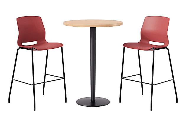 KFI Studios Proof Bistro Round Pedestal Table With Imme Barstools, 2 Barstools, Maple/Black/Coral Stools