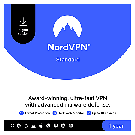 NordVPN Standard VPN Service, 2024, for 10 Devices, 1 Year Subscription, Windows, Mac, Download