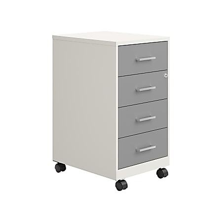 Space Solutions SOHO 18" Deep 4 Drawer Metal Mobile Organizer, 4 Box Drawers, Locking- Pearl White/Arctic Silver