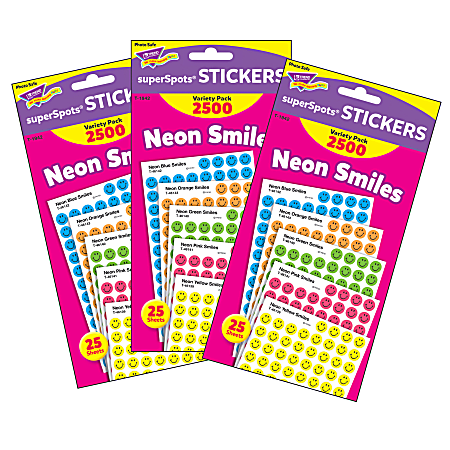 Trend SuperSpots Stickers, Neon Smiles, 2,500 Stickers Per Pack, Set Of 3 Packs