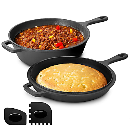 MegaChef 2-in-1 Pre-Seasoned Cast Iron Skillet And Fry Pan Set, 10-1/2", Black