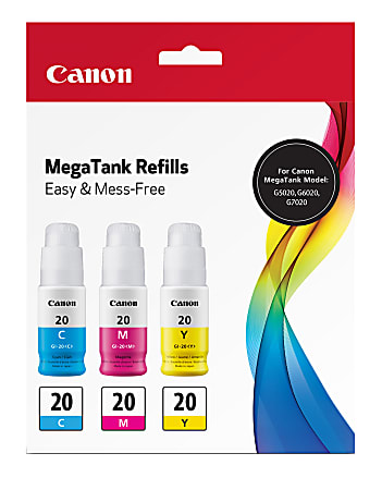 Canon GI-20 InkJet Cyan, Magenta, Yellow Ink Bottle Value Pack, Pack Of 3 Bottles, 3394C003