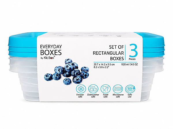 Klic Food Storage Containers, Rectangular, Clear/Blue, Total Qty 3