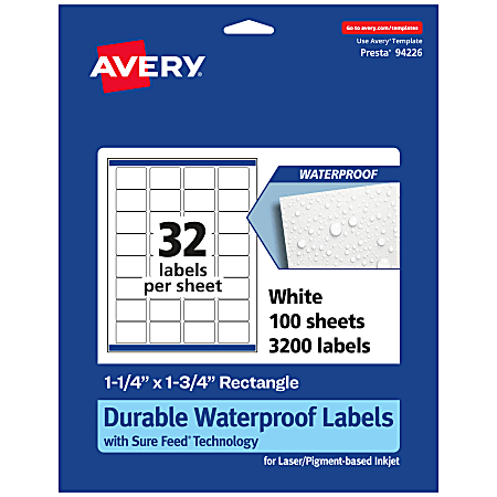 Avery® Waterproof Permanent Labels With Sure Feed®, 94226-WMF100, Rectangle, 1-1/4" x 1-3/4", White, Pack Of 3,200