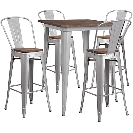 Flash Furniture Square Metal Bar Table Set With Wood Top And 4 Stools, 42"H x 32"W x 32"D, Silver