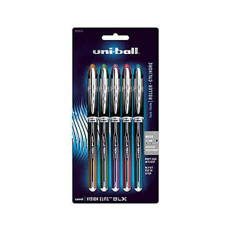 uni-ball® Vision™ Elite™ BLX Series Rollerball Pens, Micro Point, 0.5 mm, Assorted Barrels, Black Ink, Pack Of 5 Pens
