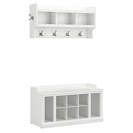 Bush Furniture Woodland 40"W Shoe Storage Bench With Shelves And Wall-Mounted Coat Rack, White Ash, Standard Delivery