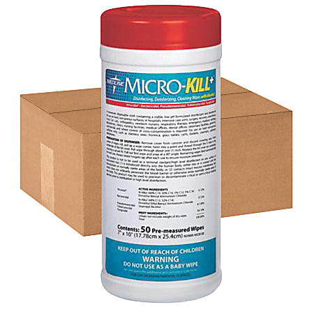 Micro-Kill+ Disinfectant Wipes, 7" x 10", 50 Wipes Per Canister, Case Of 12 Canister