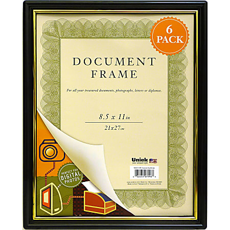 Uniek Plastic Document Frames, 8 1/2" x 11", Black/Gold, Pack Of 6